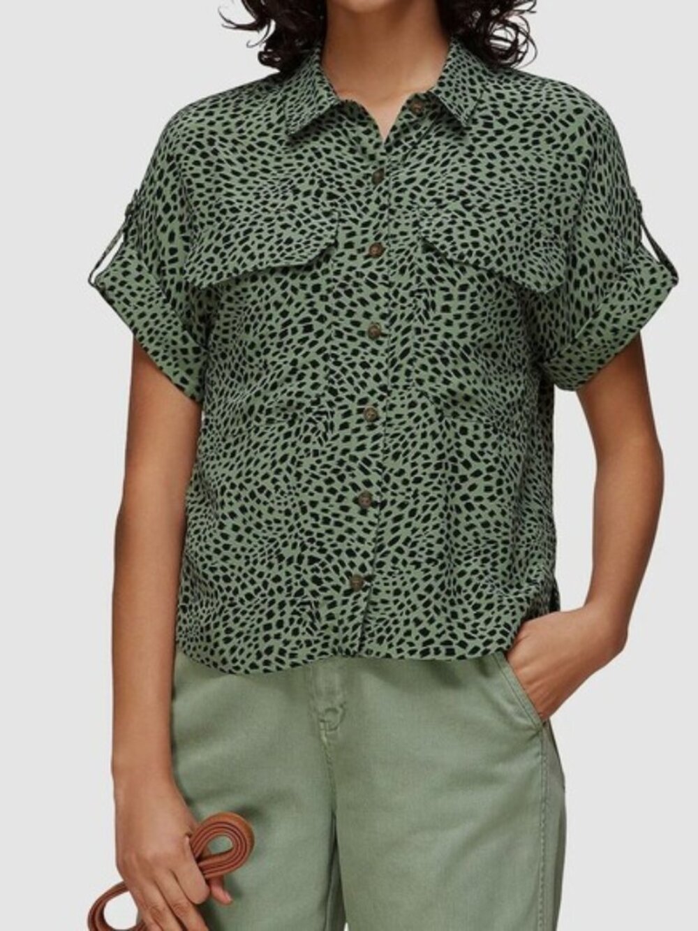 Whistles Women's Green Short Sleeve Button-Up Top Shirt Blouse Size 2